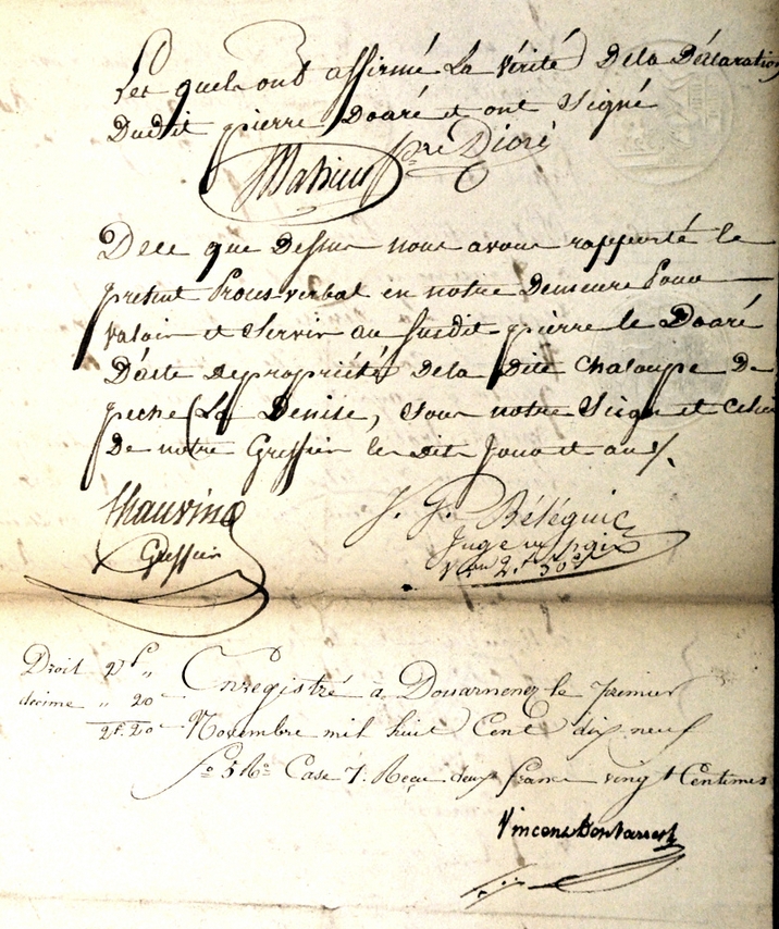 Acte de propriété du navire, établi le 30 novembre 1819. Page 2. Source : Archives Départementales du Finistère, communiquée par Jean-Claude Bourdon.