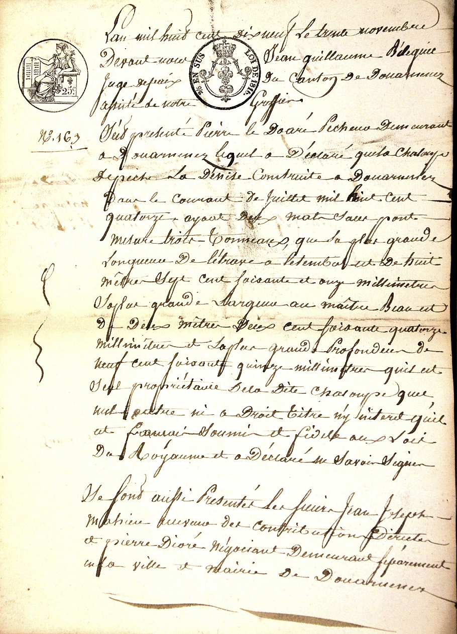 Acte de propriété du navire, établi le 30 novembre 1819. Page 1. Source : Archives Départementales du Finistère, communiquée par Jean-Claude Bourdon.