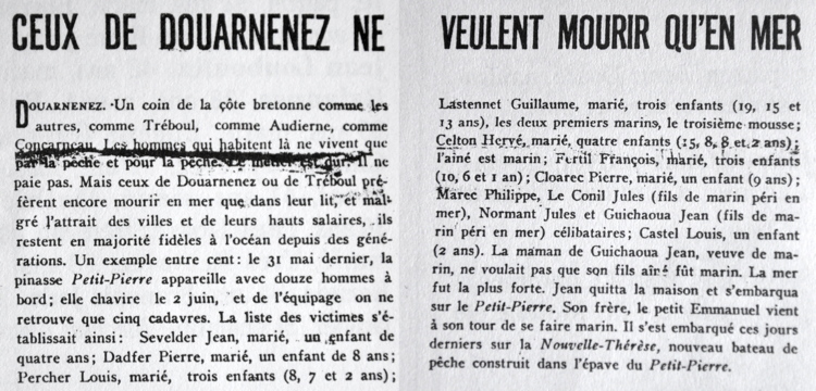 Extrait de la presse parisienne de 1938, cité dans les Mémoires de la Ville, Douarnenez n° 31:54-55