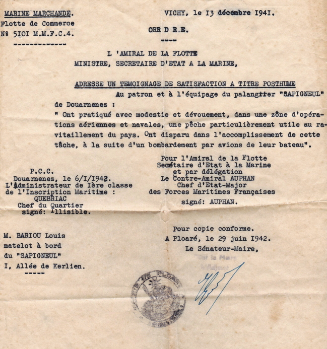 Note de Vichy sur la fin du Sapigneul. Document communiqué par Yvette Bariou. Son père, Louis Bariou, était matelot à bord du "Sapigneul".
