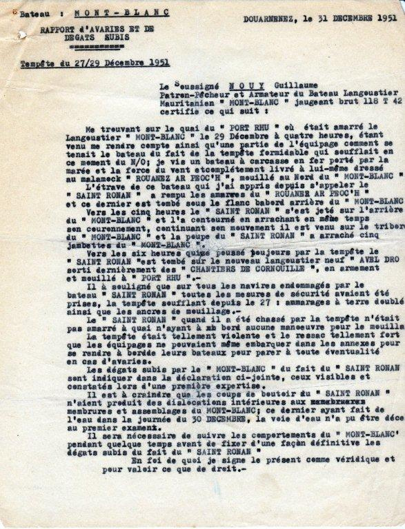 Note de Jacques Nouy : Rapport d'accident du Saint Ronan sur le Mont-Blanc et le Rouanez ar Peoc’h, au cours de la tempête du  29 décembre 1951