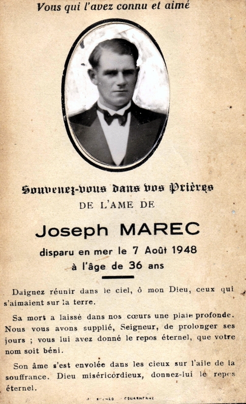 Source : Collection personnelle de Joseph Marec.  Carte commémorative du décès de Joseph Marec.