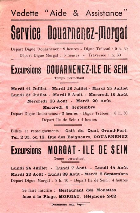 Source : document transmis par Jacques Join.Calendrier des excursions touristiques de la vedette, en 1950.